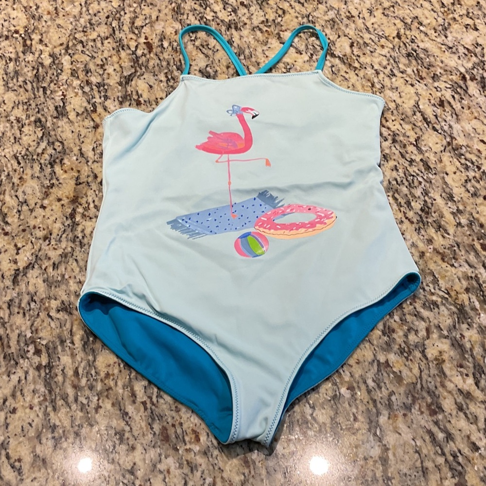 Lands' End Aqua Flamingo Kids One Piece Swimsuit